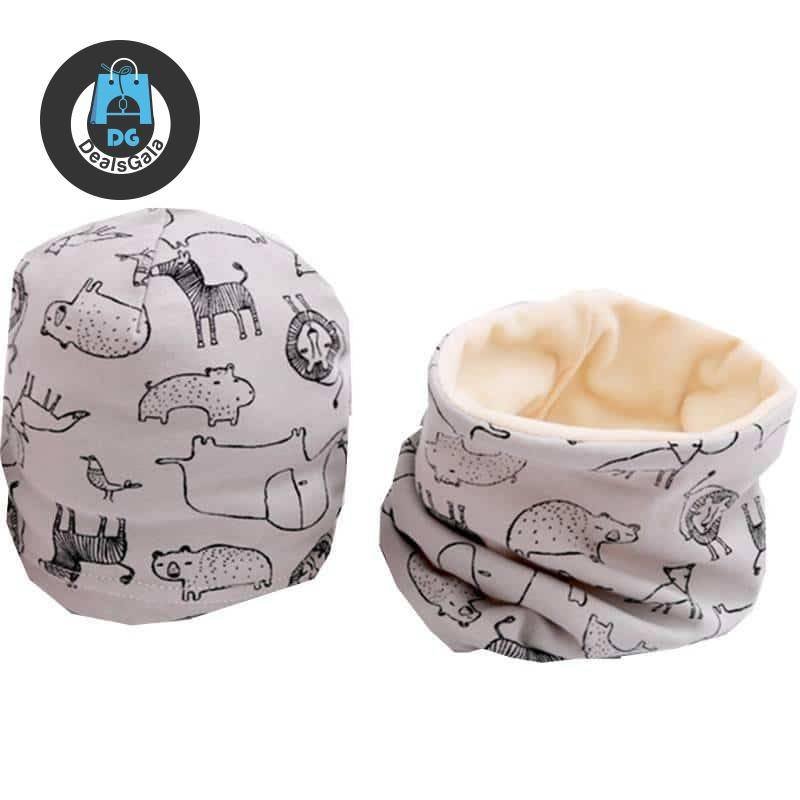 Cartoon Printed Baby's Cotton Hat and Scraf Set