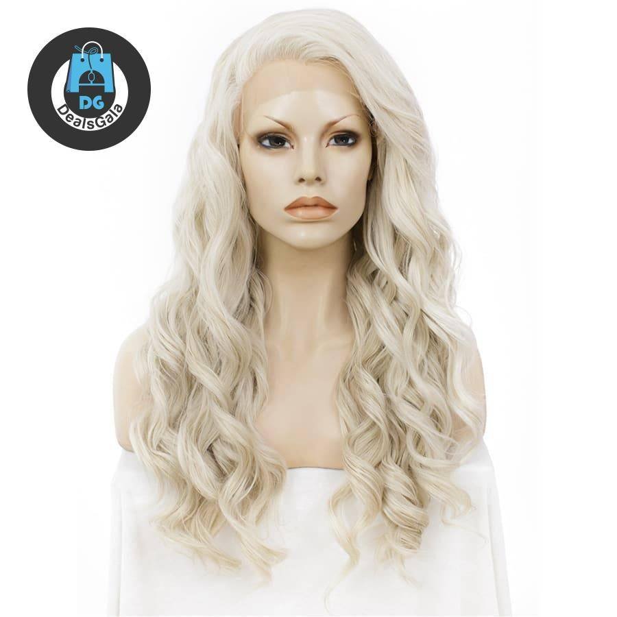 Platinum Blonde Long Wavy Lace Synthetic Hair Wig