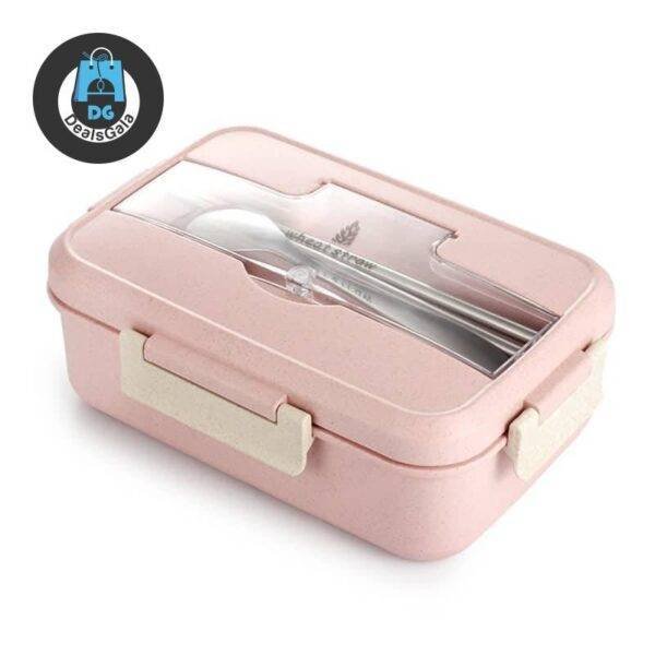 Wheat Straw Lunch Box with Cutlery Set Home Equipment / Appliances cb5feb1b7314637725a2e7: Blue|Blue Set|Green|Green Set|pink|Pink Set